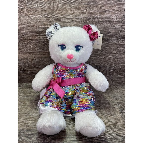 Build A Bear Pearly Shimmer Silver White Plush Pink Dress/Sequined Bows w/Tag - Picture 1 of 14